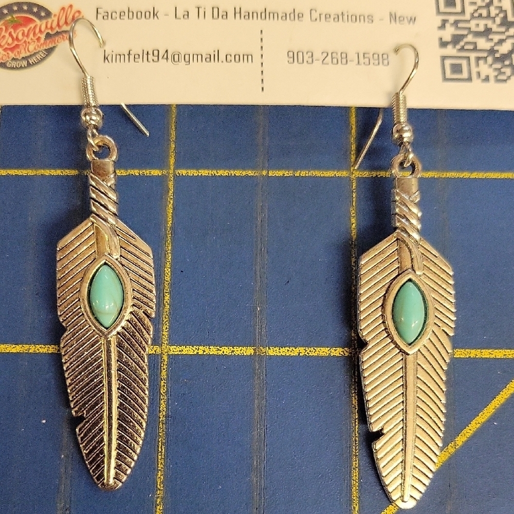 Silver Tone Feather Earrings with Turquoise Accent